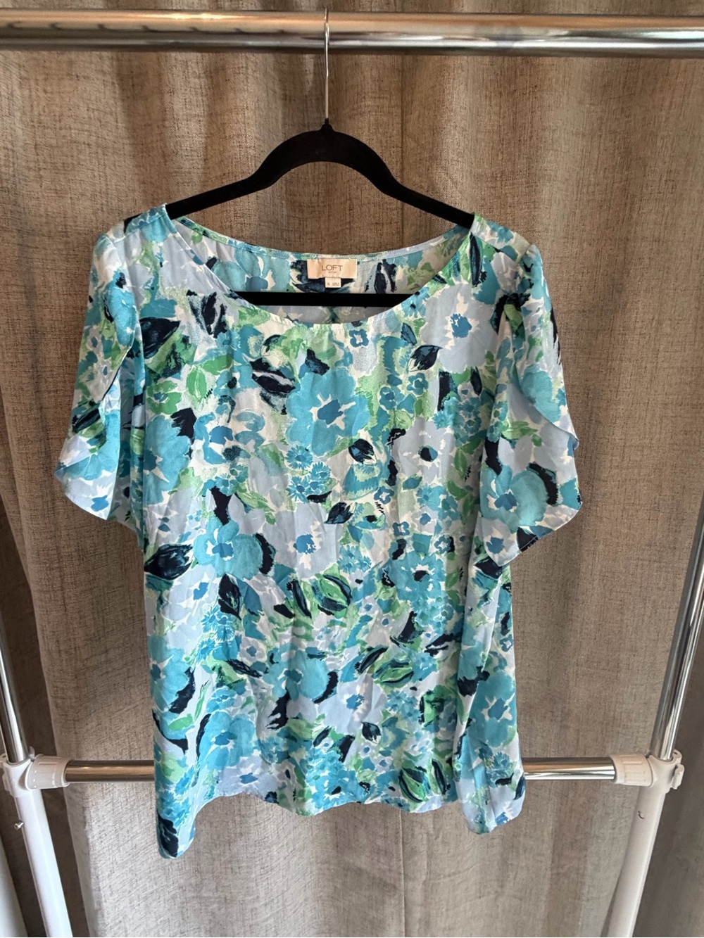 LOFT Aqua & Navy Floral Short-Sleeve Blouse